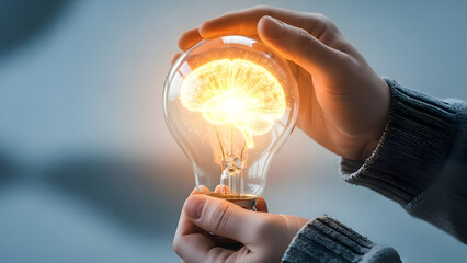 Hands holding lightbulb with glowing brain symbolizing innovation and artificial intelligence