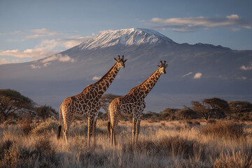 Fototapeta premium African wildlife giraffe savannah with snow capped mountain background under cloudy sky during golden hour