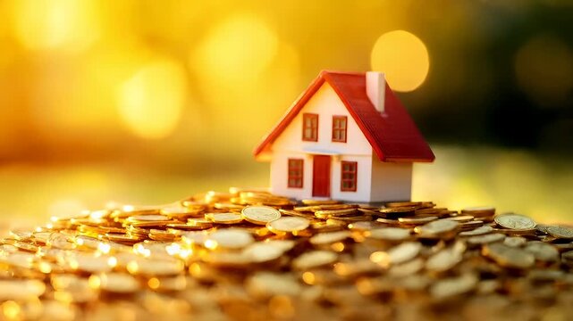 Tax return season. A closeup shot of a house model with a red roof and white walls, set against a backdrop of golden bokeh lights.