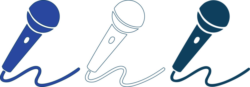 Three microphones in different colors on a white background for music and recording concepts