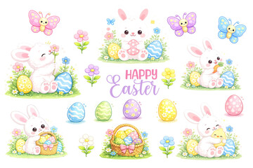 Cute Easter bunny clipart set with eggs, flowers, butterflies and baskets. Pastel spring illustrations on transparent background.