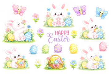 Cute Easter bunny clipart set with eggs, flowers, butterflies and baskets. Pastel spring illustrations on transparent background.