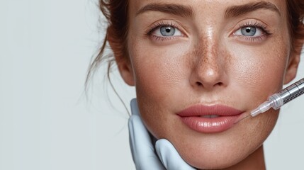 Adult woman receives cosmetic injection for aesthetic medical treatment. Skincare procedure represents dermatology, beauty medicine, and facial correction. Professional healthcare context supports