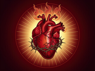 Sacred heart illustration in red tones