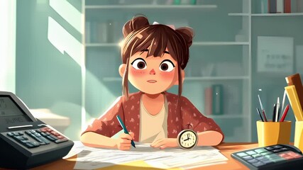 Tax return season. girl stressed at work with alarm clock and papers.