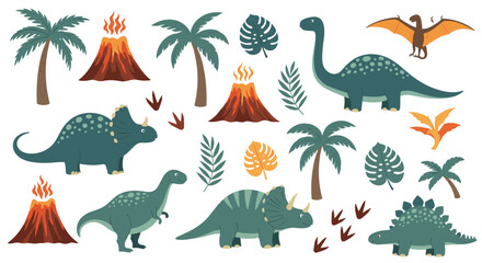 Naklejka premium Collection of various dinosaurs and erupting volcanoes with tropical palm trees and fossil footprints in a prehistoric scene.