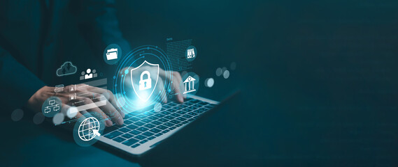 The concept of cybersecurity, access to users' personal data, and security.glowing shield and padlock representing enterprise data protection, secure system access, digital privacy, network safety