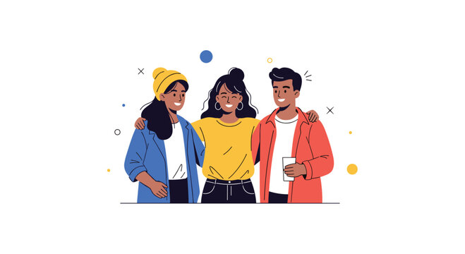 Three diverse young friends standing together and smiling while hugging for a concept of friendship and community.