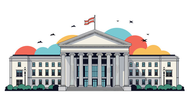 Classical government building or courthouse facade featuring grand columns and a flag on top against a background of colorful shapes.