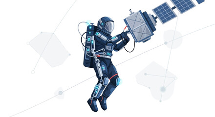 Obraz premium Astronaut repairing a satellite in space modern technology concept for space exploration future of