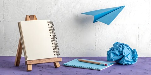 Creative workspace with paper airplane symbolizing ideas, innovation, and startup planning concept