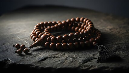 Dark still life of Buddhist prayer beads on textured surface