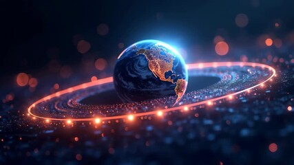 Planet earth glowing with city lights encircled by orbiting data stream, digital globe in dark space with bokeh lights and network connections, futuristic global concept of internet connectivity, digi - Powered by Adobe