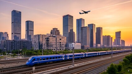Obraz premium A blue high-speed train travels past a modern city skyline under a golden sunset with a plane overhead.