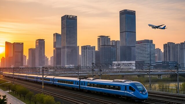 A blue high-speed train travels past a modern city skyline under a golden sunset with a plane overhead.