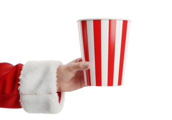 Santa Claus hand holding blank bucket popcorn isolated on a transparent background cinema concept 