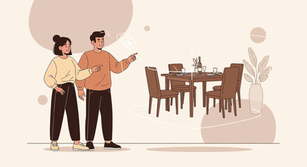 Couple visualizing modern dining space with augmented reality before renovation design