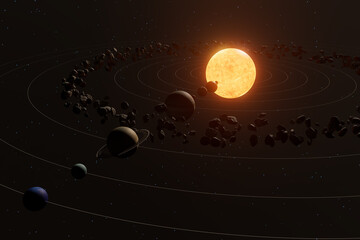Solar system view with sun and planets in orbit around stars and asteroids in space © yurakrasil