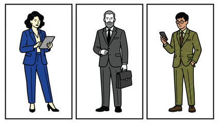 Business Professionals Illustrated in Formal Attire with Devices