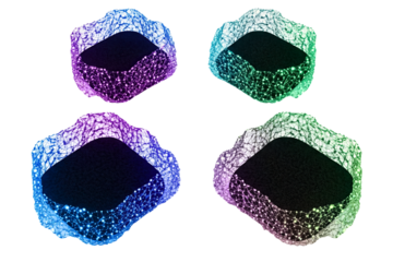 Set of four colorful digital network nodes with wireframe mesh on a transparent background