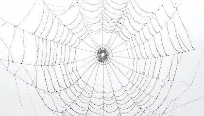 Obraz premium Intricate Spiderweb with Dew Drops on White Background in Macro Shot