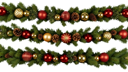 A beautiful christmas garland featuring red and gold ornaments with pine branches on transparent background