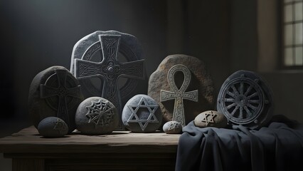 Moody still life of ancient religious symbols carved in stone, low light