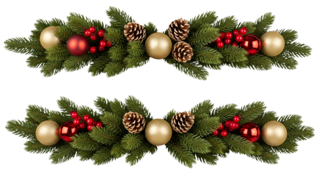 Festive christmas arrangement with pine branches golden and red ornaments and pinecones on transparent background - Powered by Adobe