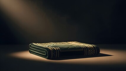 Dark still life of prayer rug folded neatly, minimal Islamic concept