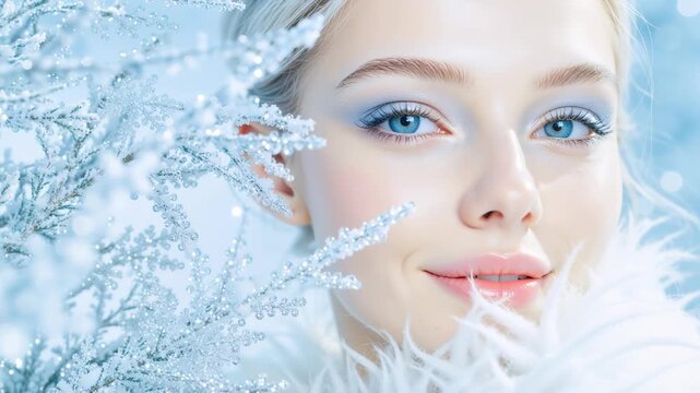 Winter beauty portrait of a woman with blue eyeshadow and frosty makeup. Young female model surrounded by silver glittery branches. Holiday cosmetics and skincare concept