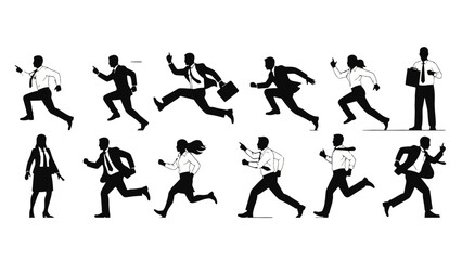 Group of diverse business people running urgently with determination, carrying briefcases and papers on an isolated white background.