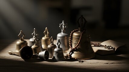 Moody still life of bells used in religious rituals, dramatic shadows