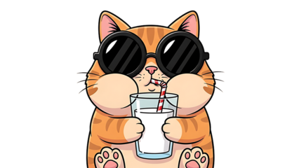 A cartoon cat wearing sunglasses drinks milk from a glass with a straw
