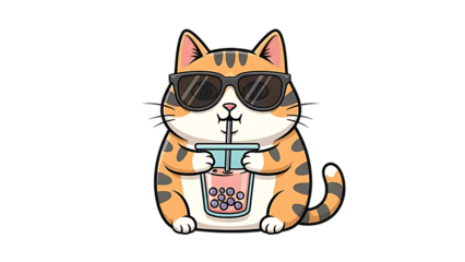 A cartoon cat wearing sunglasses and drinking from a cup with boba tea