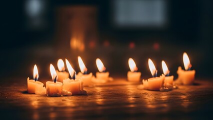 Moody still life of candle flames in darkness, spiritual meditation