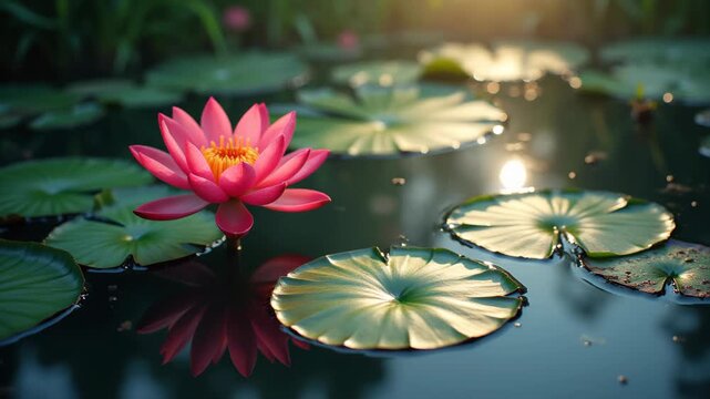 Pink lotus flower blooming on calm water, reflection on pond surface, lily pads floating, serene sunrise light