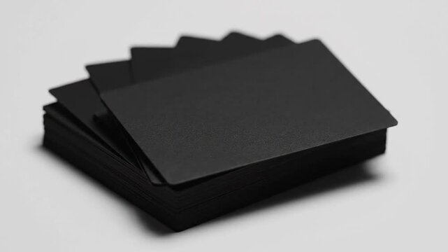 A stack of blank black business cards on a plain white background in a video . use as multipurpose tittle intro, background. product mockup. motion graphics background