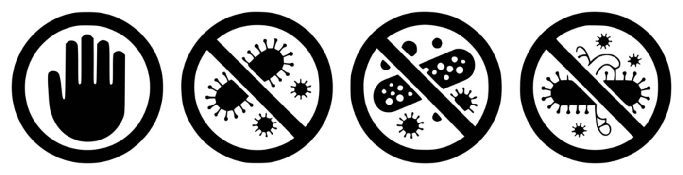 Black and white prohibition signs depicting a hand and various viruses and bacteria stop
