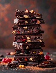 Stacked Dark Chocolate Bark with Dried Cranberries and Assorted Nuts