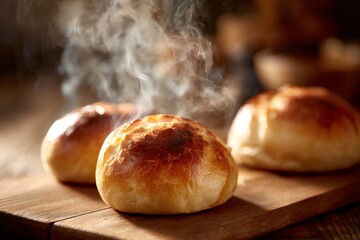 Warm golden brown buns steaming after baking, resting on a rustic wooden cutting board, evoking fresh bakery scents