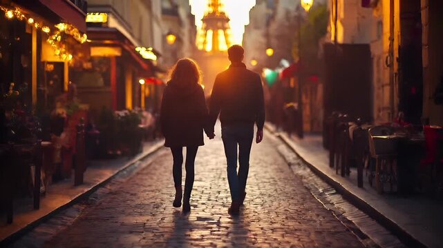 Paris, France, Europe. A couple walking down a cobblestone street during sunset, with the Eiffel Tower in the background. The scene is bathed in a warm, golden light.