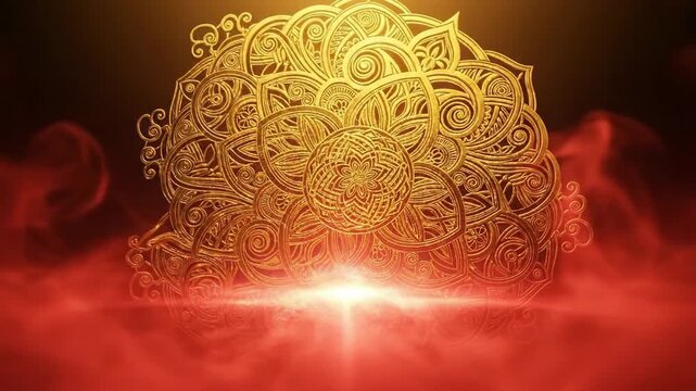 Golden ornate mandala emerging from red mist with radiant light.
