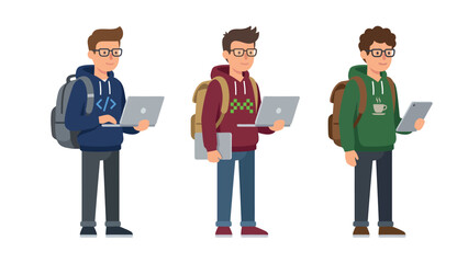 Cartoon Characters with Backpacks and Laptops on White Background