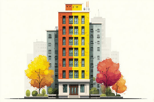 Modern city building illustration with colorful facade and autumn trees, urban architecture in cartoon style, bright yellow and orange exterior with large windows