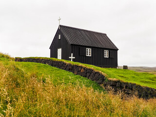 Discontinued Kr&yacute;suv&iacute;k church or Kr&iacute;suv&iacute;kurkirkja was built in 1857. Typical building in the Reykjanes Peninsula of the Iceland. Symbol of heritage, memory and the quiet strength of Icelandic identity.