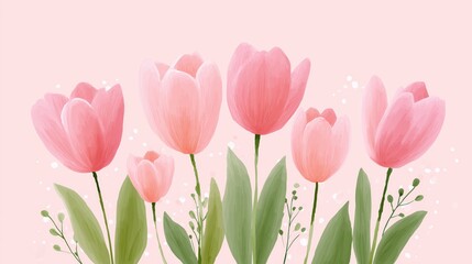 Fototapeta premium Delicate Pink Tulips Blooming Against Soft Pink Background, for spring, nature, or feminine-themed design projects.