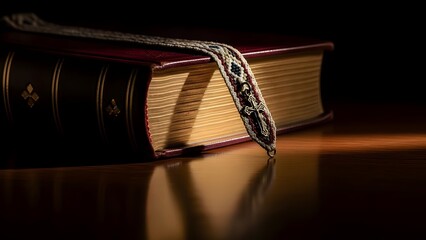 Dark still life of holy book corner with bookmark, contemplative mood
