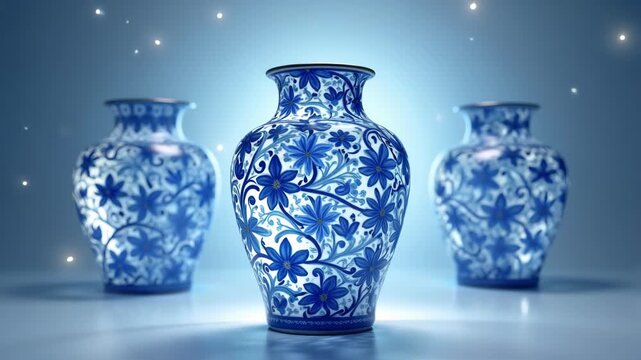Three blue and white porcelain vases with intricate floral patterns displayed elegantly, traditional chinese ceramic vessels glowing softly against blue bokeh background with light particles