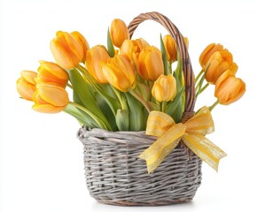 Colorful Tulip Basket Bouquet With Ribbon&mdash;Bright Spring Floral Gift Idea