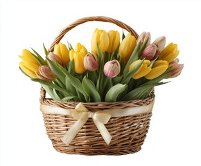 Colorful Tulip Basket Bouquet With Ribbon&mdash;Bright Spring Floral Gift Idea
